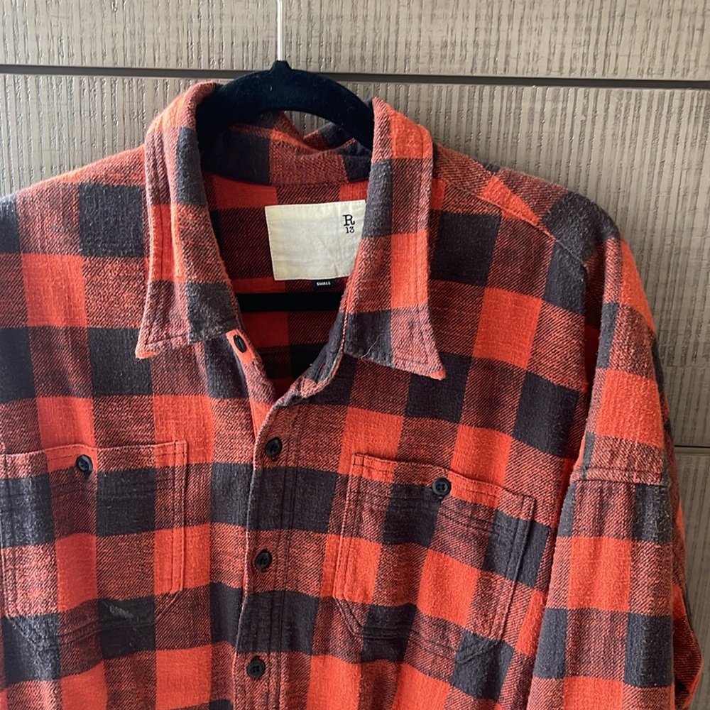 R13 Red and Black Buffalo Plaid Cropped Button-Up Shirt - Picture 2 of 14